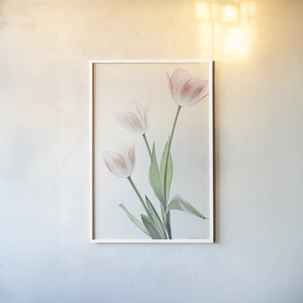 Light and Bright Floral I by Elizabeth Urquhart. shown as a paper print in a white frame. Available as a archival giclee rolled canvas, fine art paper, or poster print. SKU 33338h.