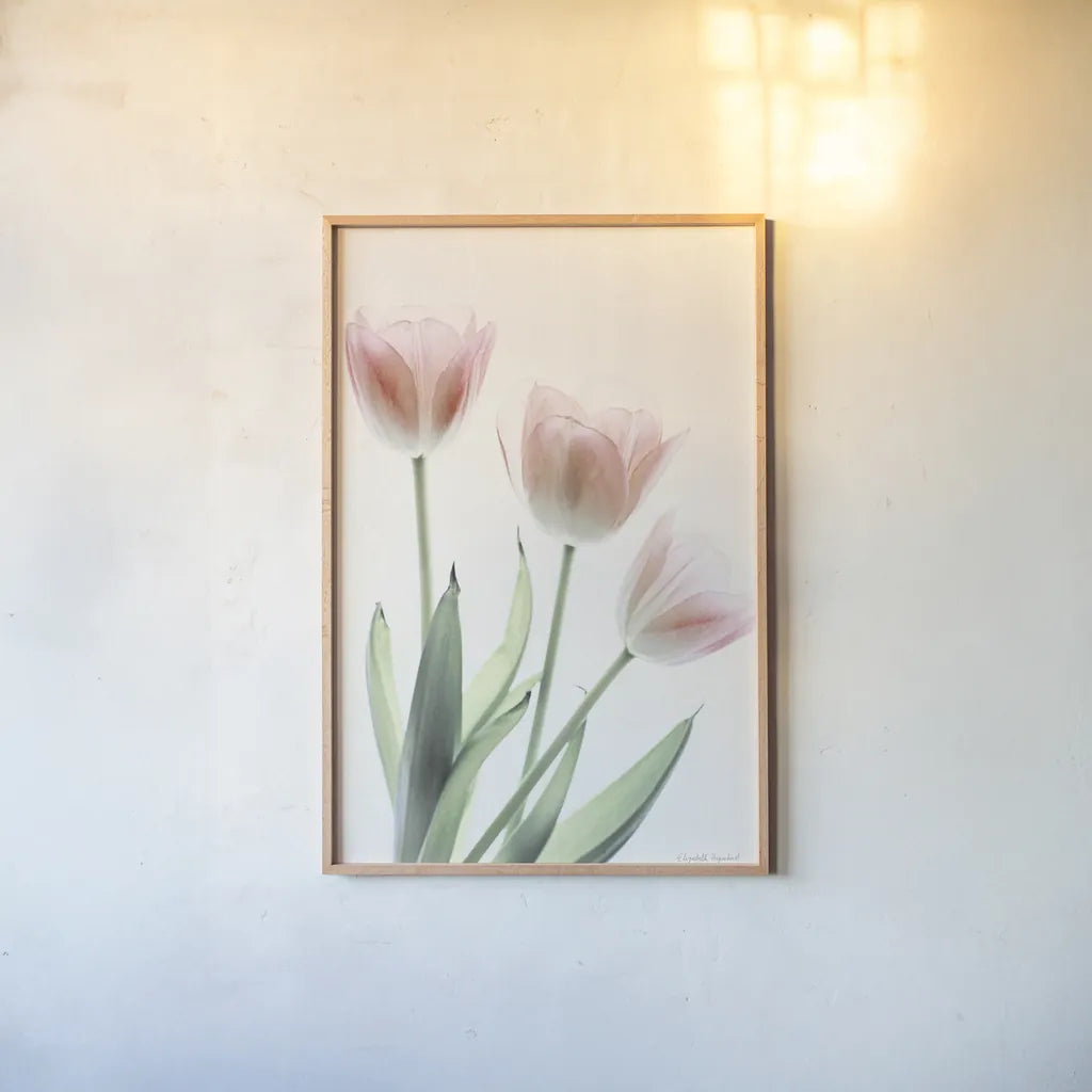 Light and Bright Floral II by Elizabeth Urquhart. shown as a paper print in a natural frame. Available as a archival giclee rolled canvas, fine art paper, or poster print. SKU 33339h.