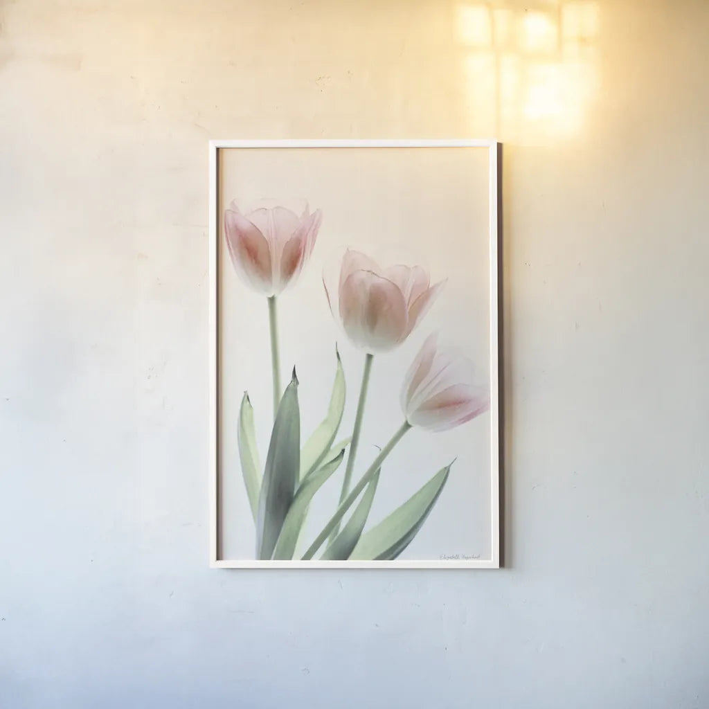 Light and Bright Floral II by Elizabeth Urquhart. shown as a paper print in a white frame. Available as a archival giclee rolled canvas, fine art paper, or poster print. SKU 33339h.