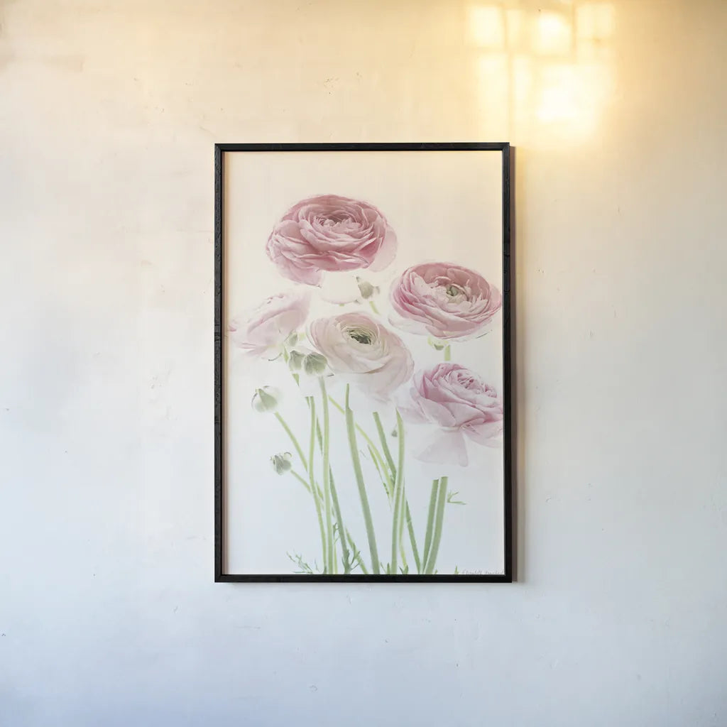 Light and Bright Floral V by Elizabeth Urquhart. shown as a paper print in a black flame. Available as a archival giclee rolled canvas, fine art paper, or poster print. SKU 33342h.