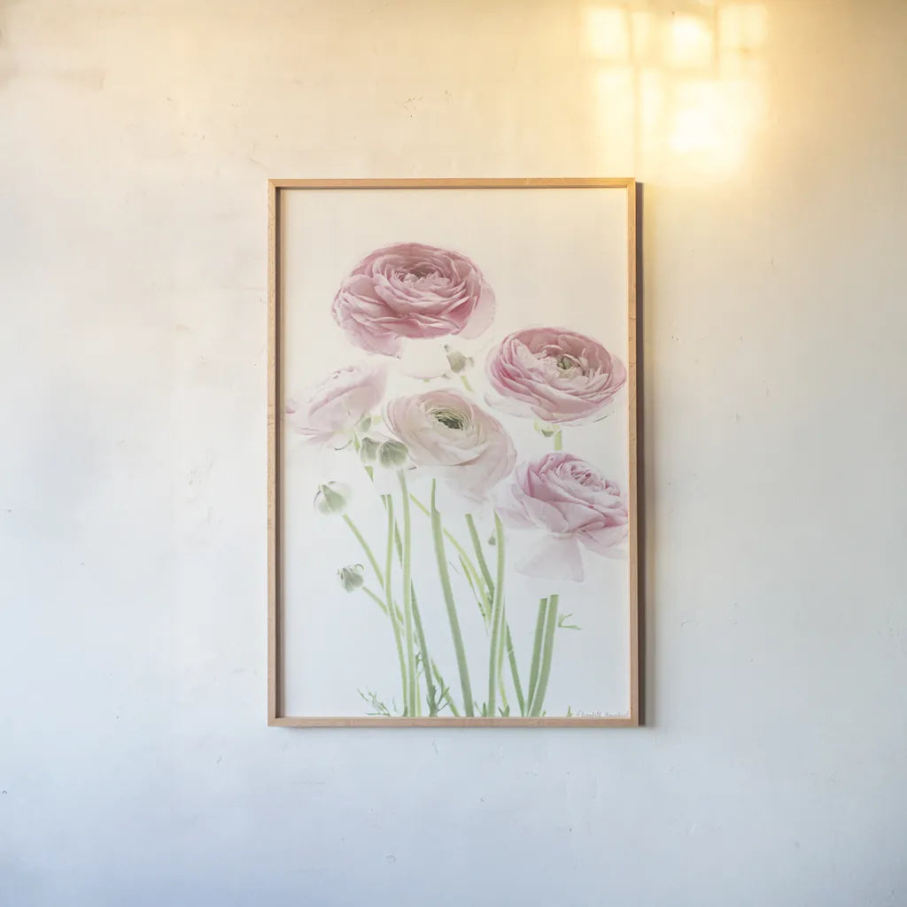 Light and Bright Floral V by Elizabeth Urquhart. shown as a paper print in a natural frame. Available as a archival giclee rolled canvas, fine art paper, or poster print. SKU 33342h.