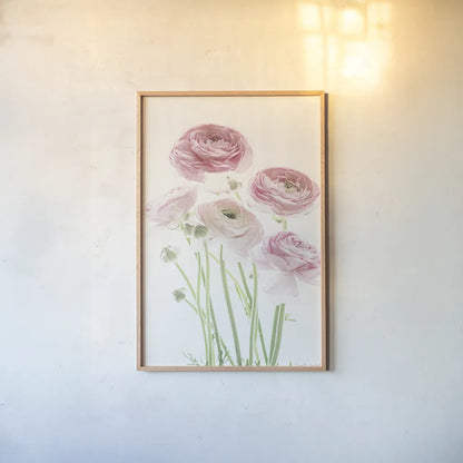 Light and Bright Floral V by Elizabeth Urquhart. shown as a paper print in a natural frame. Available as a archival giclee rolled canvas, fine art paper, or poster print. SKU 33342h.