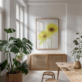 Light and Bright Floral VII by Elizabeth Urquhart. shown as a print in a natural wood frame in a dining room. Available as a archival giclee rolled canvas, fine art paper, or poster print. SKU 33344h.