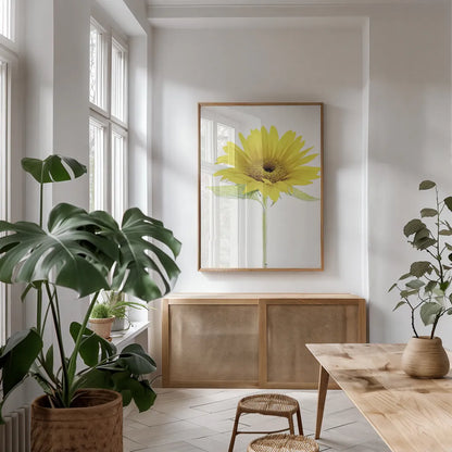 Light and Bright Floral VIII by Elizabeth Urquhart. shown as a print in a natural wood frame in a dining room. Available as a archival giclee rolled canvas, fine art paper, or poster print. SKU 33345h.