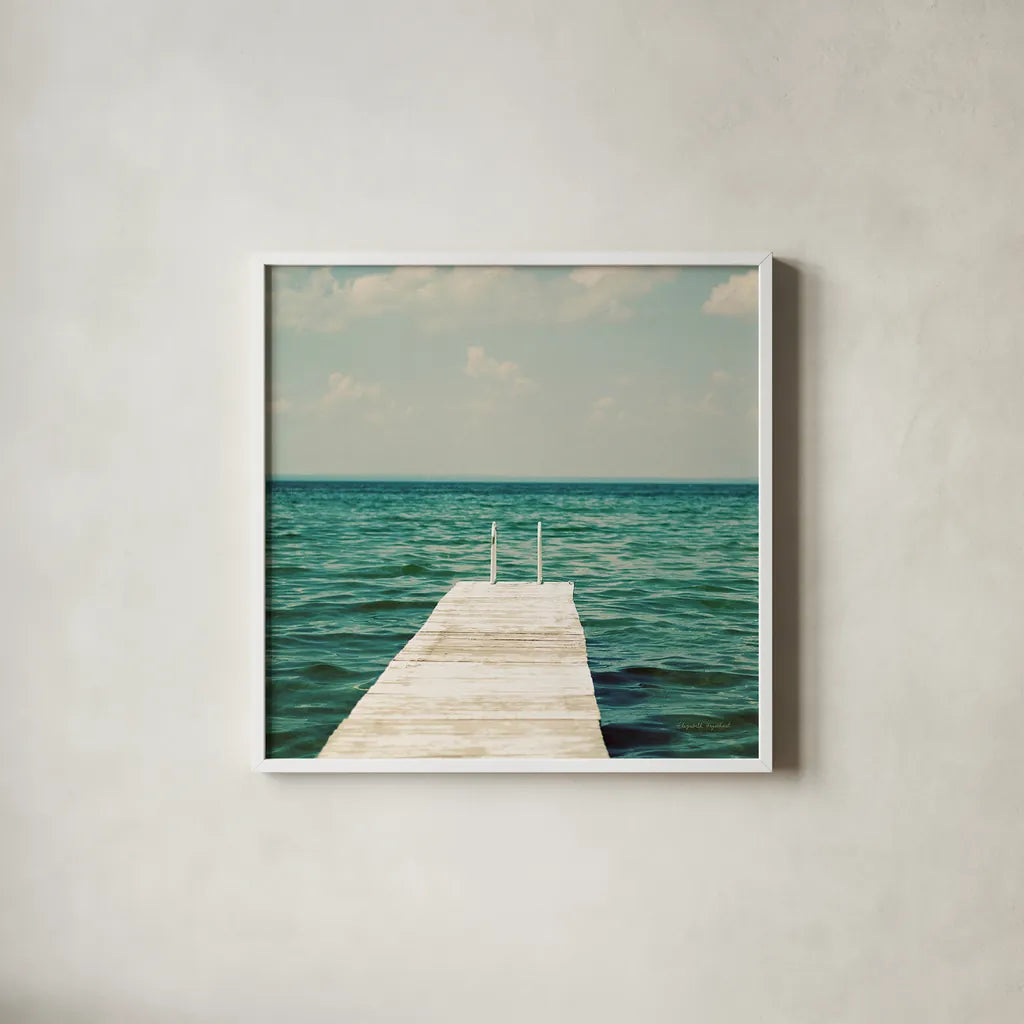 Mint Cottage Days I Crop by Elizabeth Urquhart. Shown in a crisp white glass frame for a clean and minimalist style. Available as an archival giclee rolled canvas, fine art paper, or poster print. SKU 23782a.