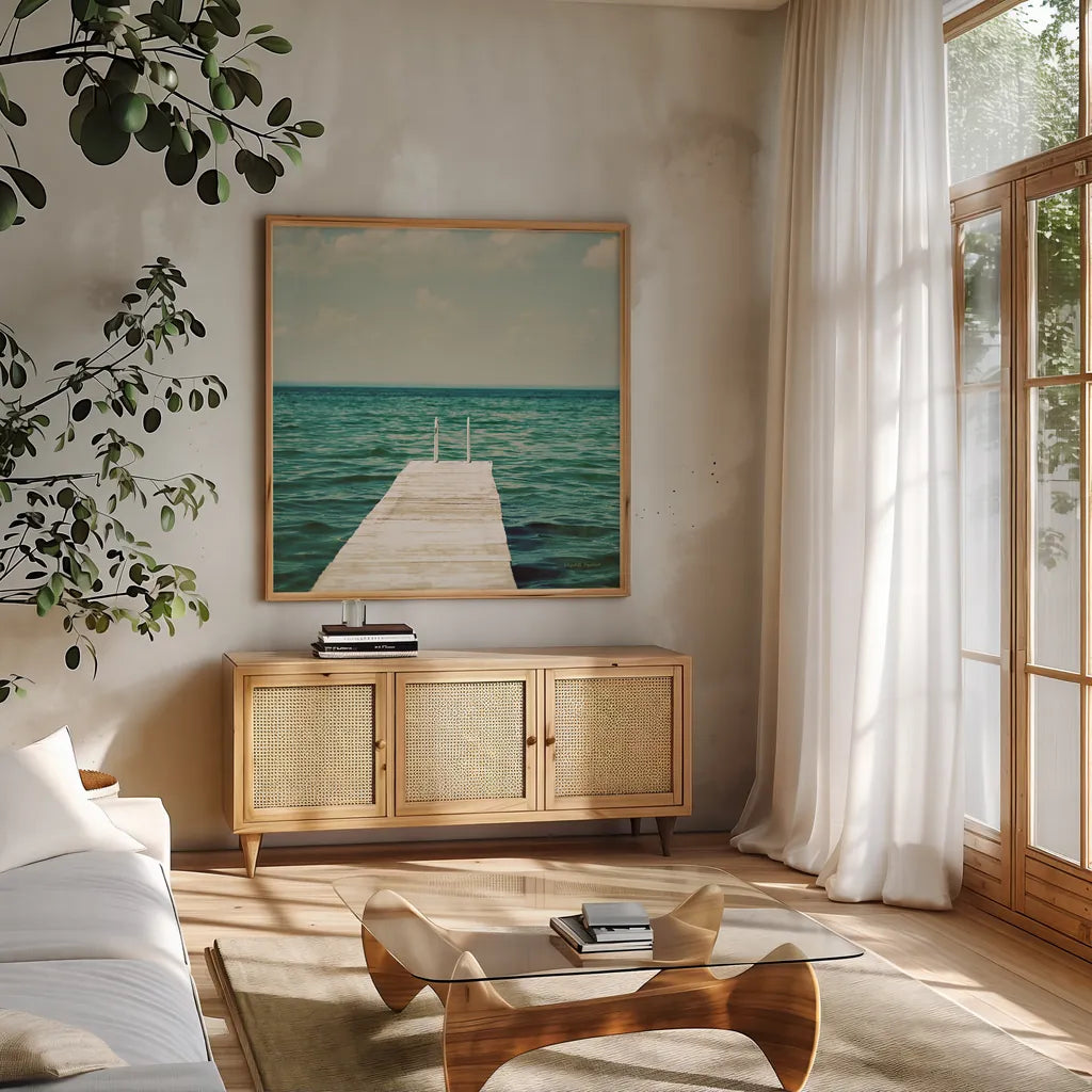 Mint Cottage Days I Crop by Elizabeth Urquhart. Shown in a natural wood frame in a cozy modern living room. Available as an archival giclee rolled canvas, fine art paper, or poster print. SKU 23782a.