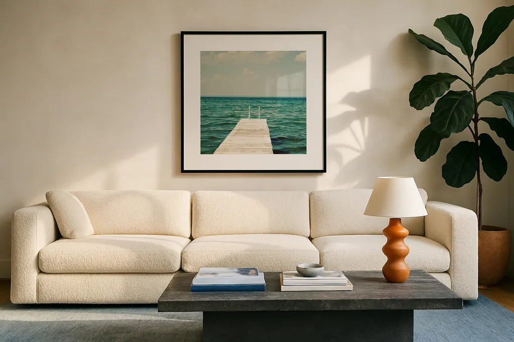 Mint Cottage Days I Crop by Elizabeth Urquhart. Displayed in a glass frame with matte in a clean modern living room. Available as an archival giclee rolled canvas, fine art paper, or poster print. SKU 23782a.