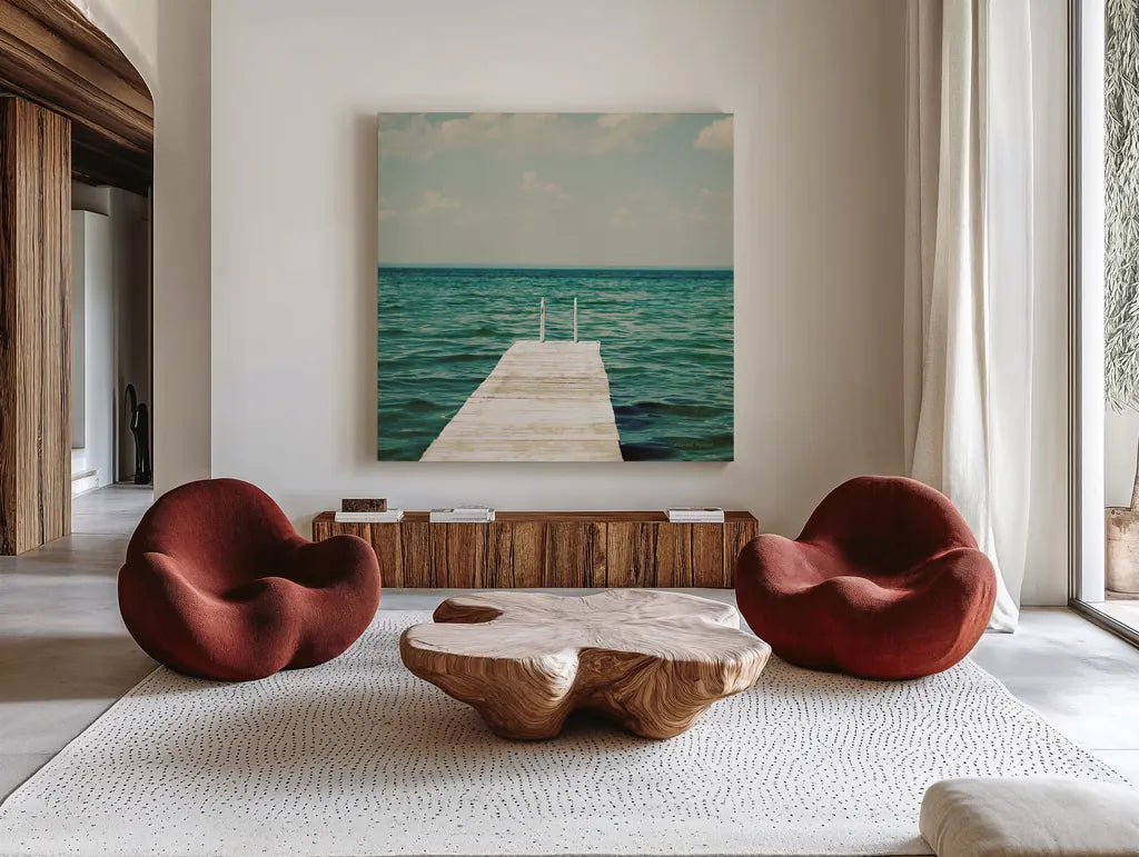 Mint Cottage Days I Crop by Elizabeth Urquhart. Shown as extra-large giant wall art in a modern living room. Available as an archival giclee rolled canvas, fine art paper, or poster print. SKU 23782a.