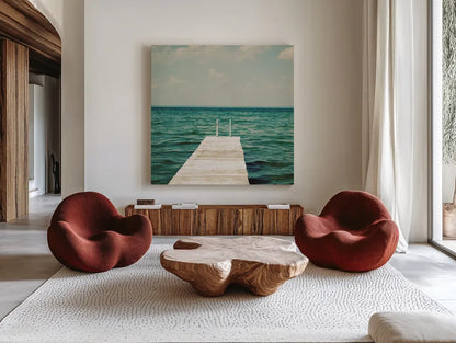 Mint Cottage Days I Crop by Elizabeth Urquhart. Shown as extra-large giant wall art in a modern living room. Available as an archival giclee rolled canvas, fine art paper, or poster print. SKU 23782a.