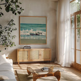 Mint Cottage Days II Crop by Elizabeth Urquhart. Shown in a natural wood frame in a cozy modern living room. Available as an archival giclee rolled canvas, fine art paper, or poster print. SKU 23783a.