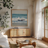 Mint Cottage Days II Crop v2 by Elizabeth Urquhart. Shown in a natural wood frame in a cozy modern living room. Available as an archival giclee rolled canvas, fine art paper, or poster print. SKU 42184a.