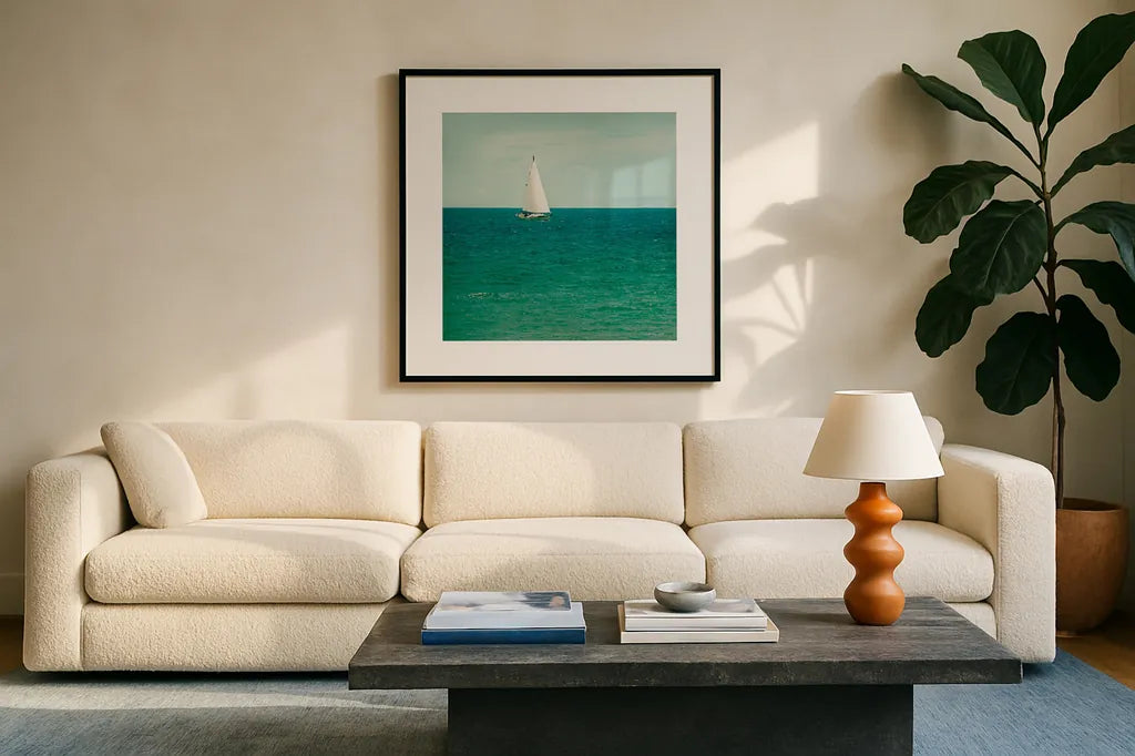 Mint Cottage Days III Crop by Elizabeth Urquhart. Displayed in a glass frame with matte in a clean modern living room. Available as an archival giclee rolled canvas, fine art paper, or poster print. SKU 23784a.