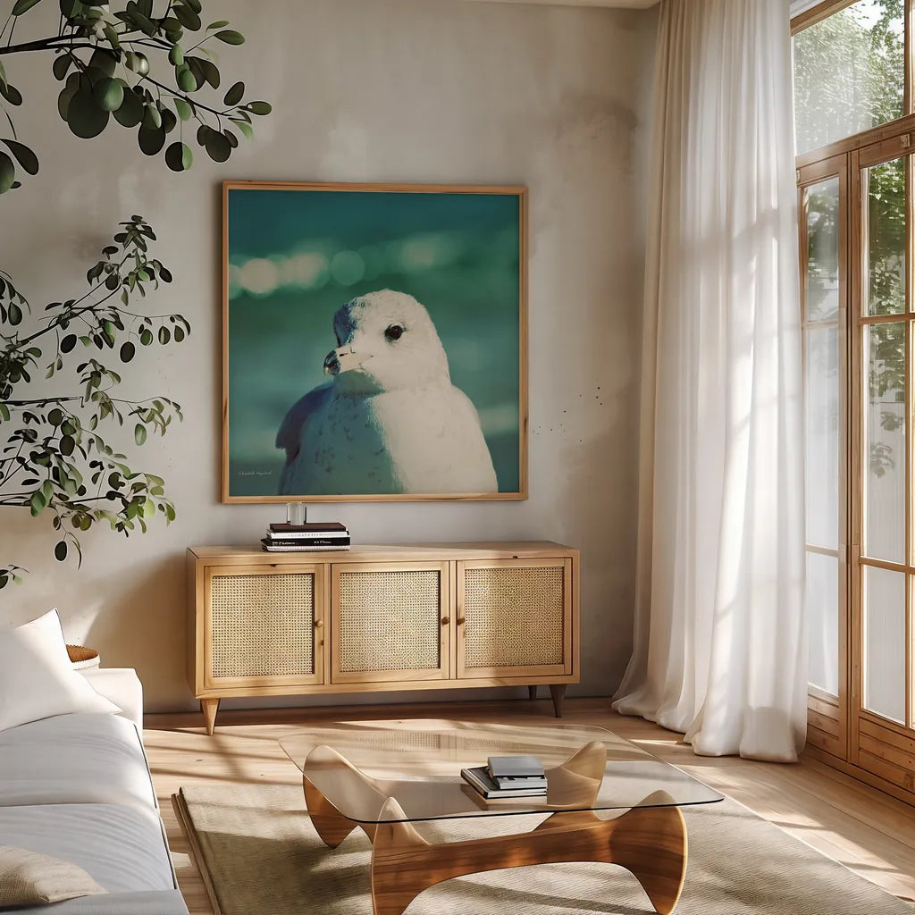 Mint Cottage Days IV Crop by Elizabeth Urquhart. Shown in a natural wood frame in a cozy modern living room. Available as an archival giclee rolled canvas, fine art paper, or poster print. SKU 23785a.