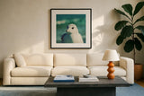 Mint Cottage Days IV Crop by Elizabeth Urquhart. Displayed in a glass frame with matte in a clean modern living room. Available as an archival giclee rolled canvas, fine art paper, or poster print. SKU 23785a.