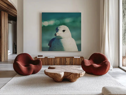 Mint Cottage Days IV Crop by Elizabeth Urquhart. Shown as extra-large giant wall art in a modern living room. Available as an archival giclee rolled canvas, fine art paper, or poster print. SKU 23785a.