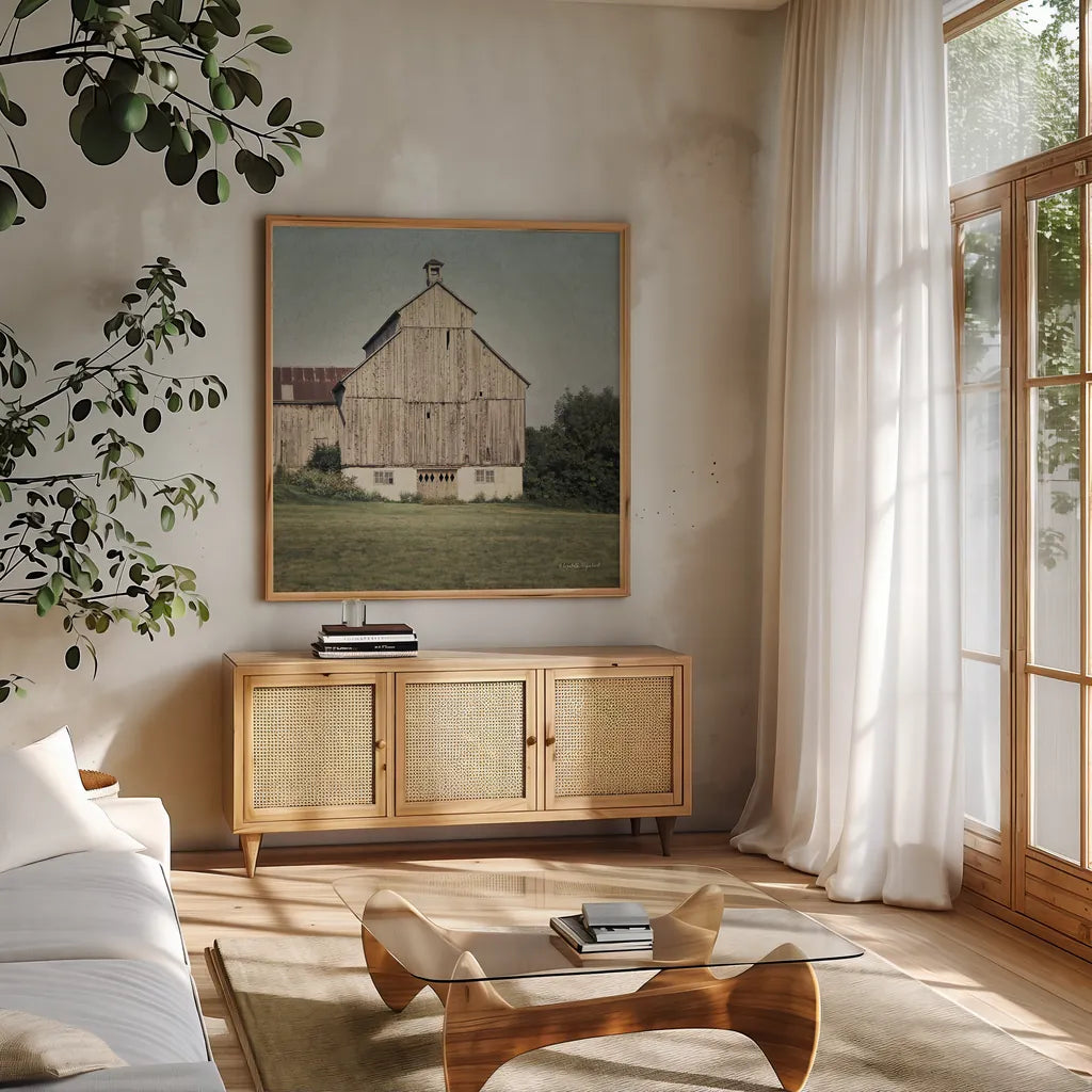 Neutral Country IV Crop by Elizabeth Urquhart. Shown in a natural wood frame in a cozy modern living room. Available as an archival giclee rolled canvas, fine art paper, or poster print. SKU 22386a.