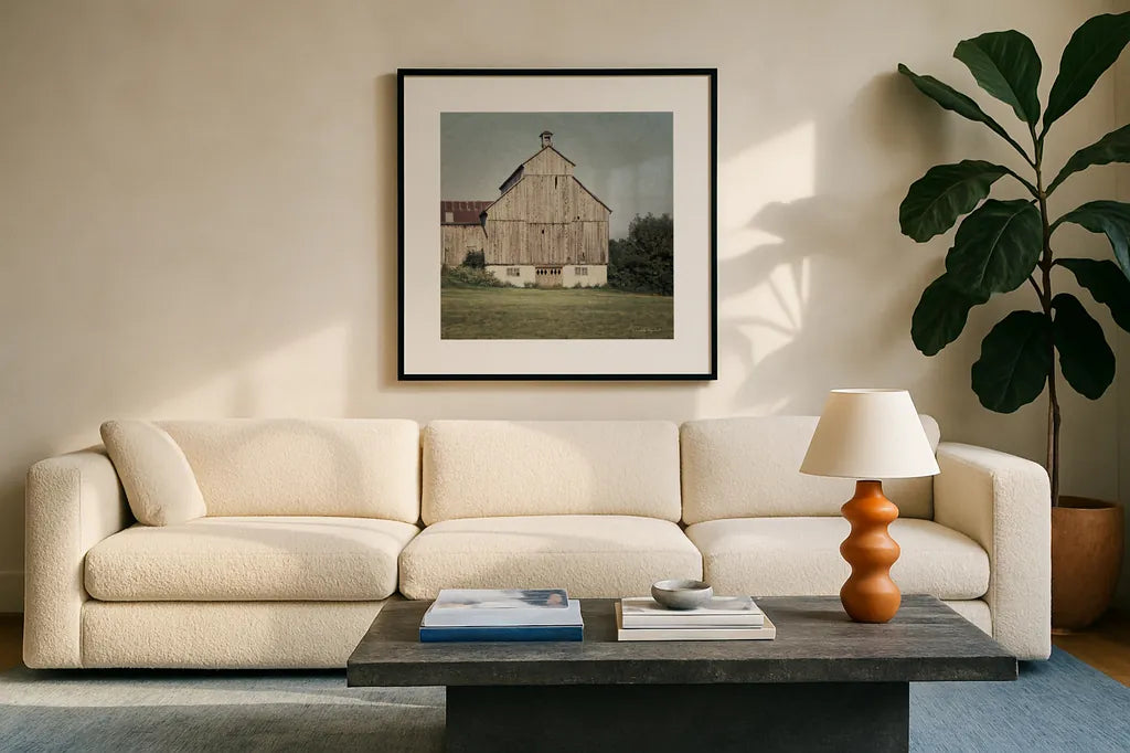 Neutral Country IV Crop by Elizabeth Urquhart. Displayed in a glass frame with matte in a clean modern living room. Available as an archival giclee rolled canvas, fine art paper, or poster print. SKU 22386a.