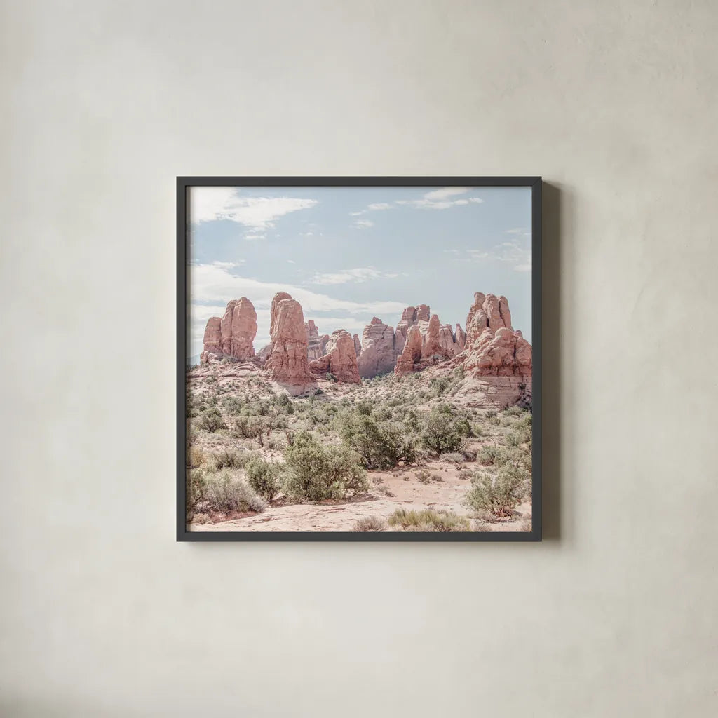 Oasis Day Hike III Crop by Elizabeth Urquhart. Shown in a sleek black glass frame for a contemporary gallery look. Available as an archival giclee rolled canvas, fine art paper, or poster print. SKU 72483a.