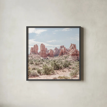Oasis Day Hike III Crop by Elizabeth Urquhart. Shown in a sleek black glass frame for a contemporary gallery look. Available as an archival giclee rolled canvas, fine art paper, or poster print. SKU 72483a.
