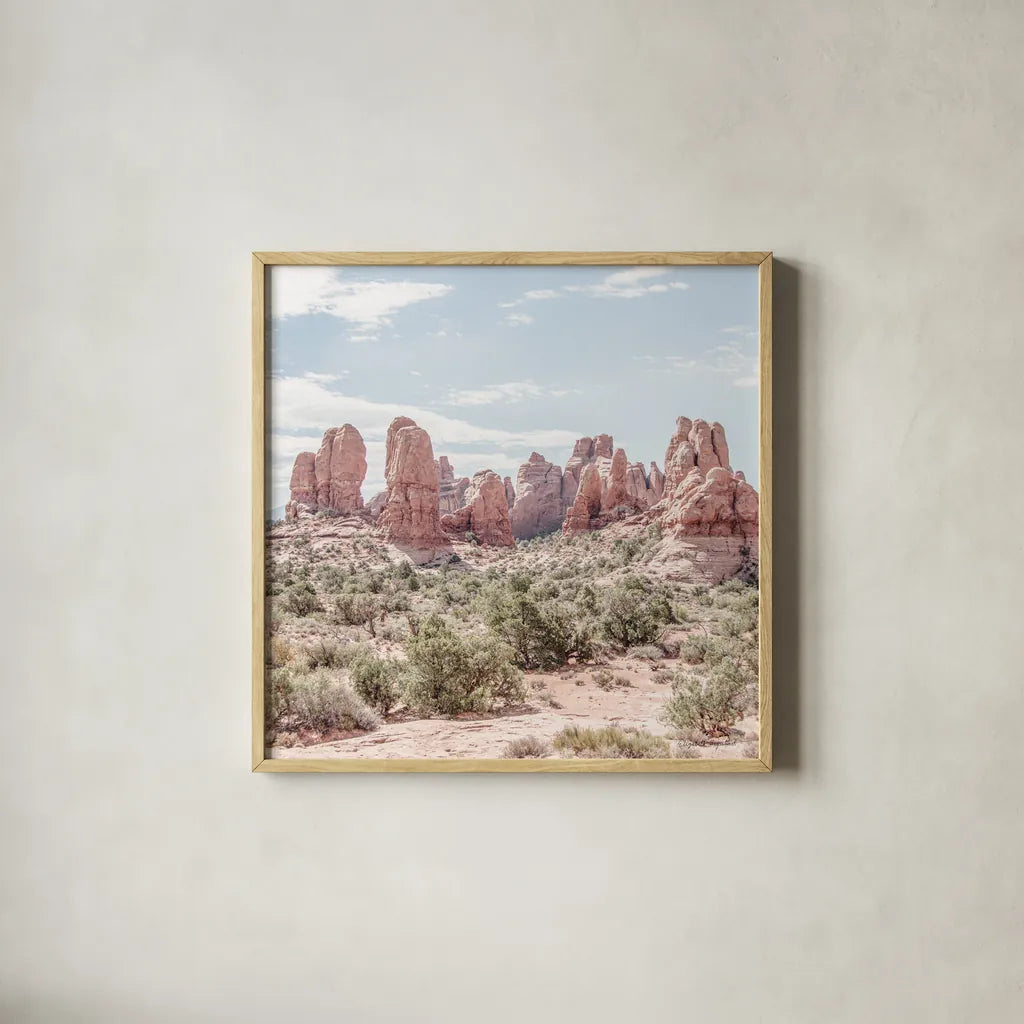 Oasis Day Hike III Crop by Elizabeth Urquhart. Shown in a natural wood glass frame for a timeless modern aesthetic. Available as an archival giclee rolled canvas, fine art paper, or poster print. SKU 72483a.