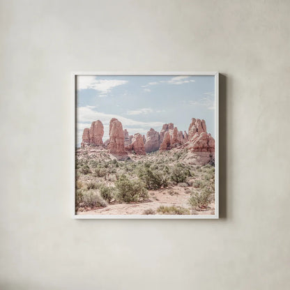 Oasis Day Hike III Crop by Elizabeth Urquhart. Shown in a crisp white glass frame for a clean and minimalist style. Available as an archival giclee rolled canvas, fine art paper, or poster print. SKU 72483a.