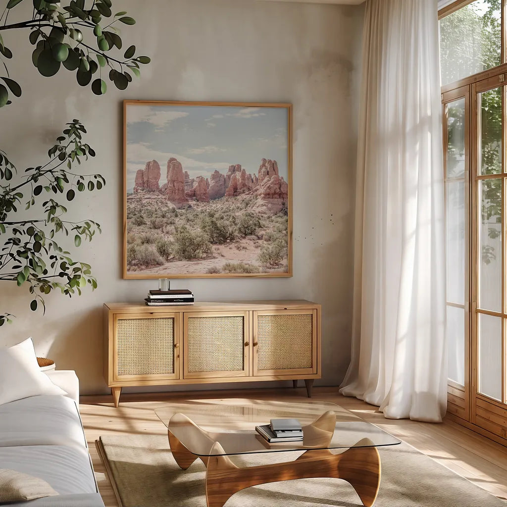 Oasis Day Hike III Crop by Elizabeth Urquhart. Shown in a natural wood frame in a cozy modern living room. Available as an archival giclee rolled canvas, fine art paper, or poster print. SKU 72483a.