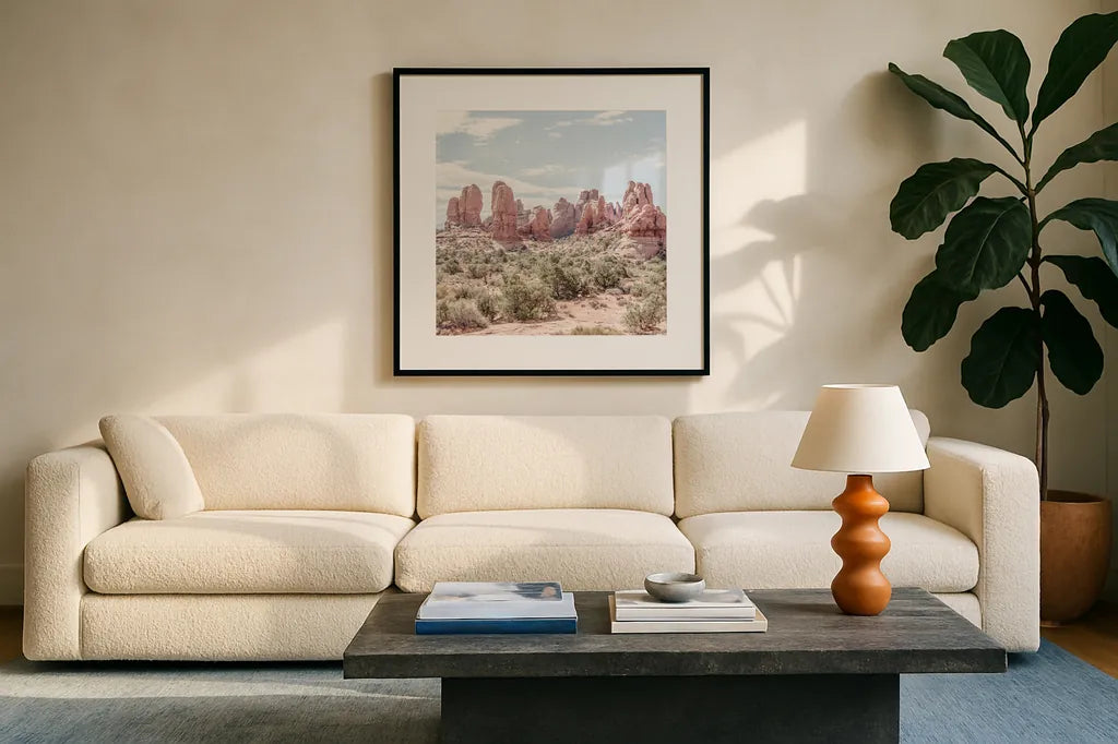 Oasis Day Hike III Crop by Elizabeth Urquhart. Displayed in a glass frame with matte in a clean modern living room. Available as an archival giclee rolled canvas, fine art paper, or poster print. SKU 72483a.