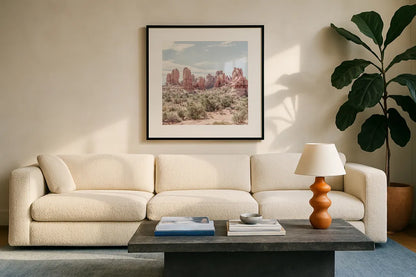 Oasis Day Hike III Crop by Elizabeth Urquhart. Displayed in a glass frame with matte in a clean modern living room. Available as an archival giclee rolled canvas, fine art paper, or poster print. SKU 72483a.