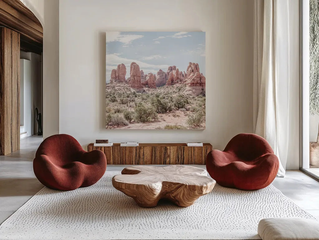 Oasis Day Hike III Crop by Elizabeth Urquhart. Shown as extra-large giant wall art in a modern living room. Available as an archival giclee rolled canvas, fine art paper, or poster print. SKU 72483a.