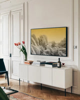 Ombre Adventure I by Elizabeth Urquhart. shown as a framed stretched canvas in a living room above a console. Available as a archival giclee rolled canvas, fine art paper, or poster print. SKU 33208i.