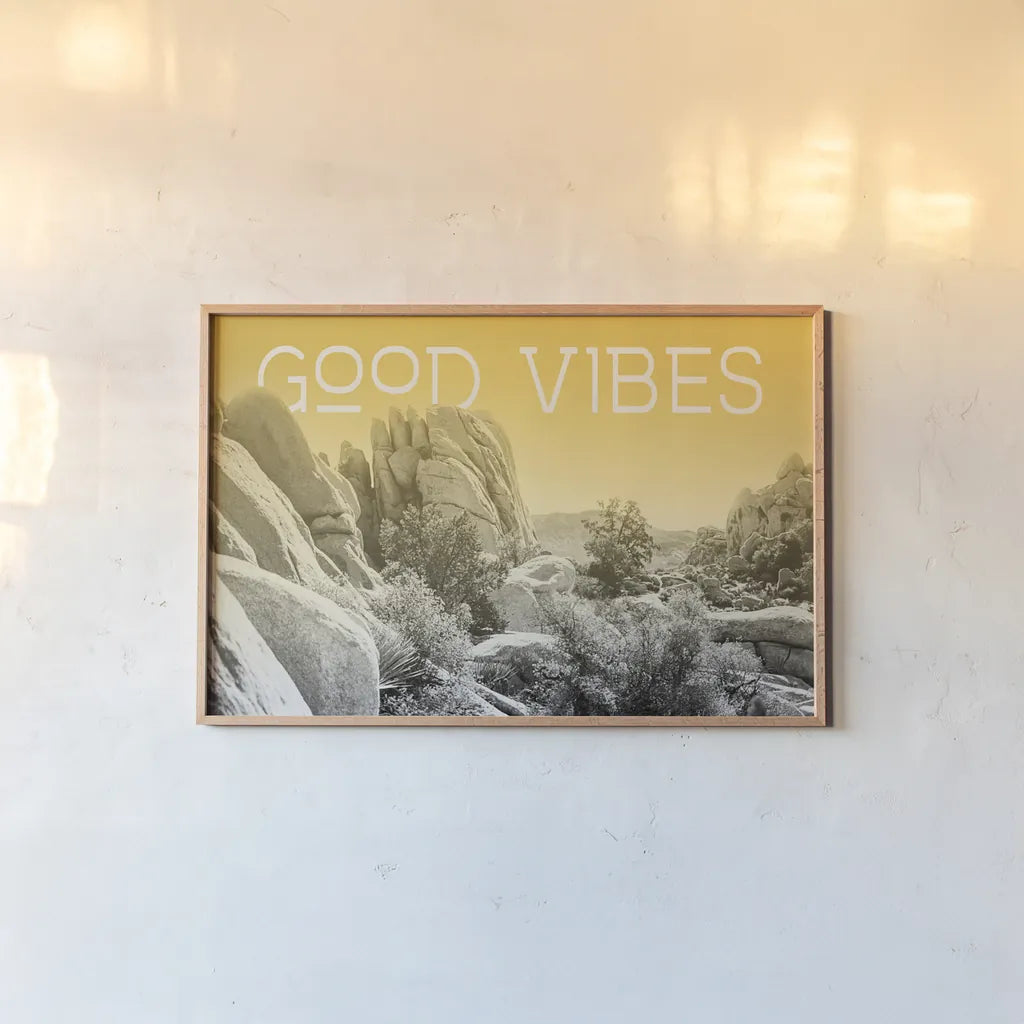 Ombre Adventure I Good Vibes by Elizabeth Urquhart. shown as a paper print in a natural frame. Available as a archival giclee rolled canvas, fine art paper, or poster print. SKU 34482i.