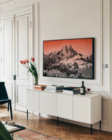 Ombre Adventure II by Elizabeth Urquhart. shown as a framed stretched canvas in a living room above a console. Available as a archival giclee rolled canvas, fine art paper, or poster print. SKU 33209i.
