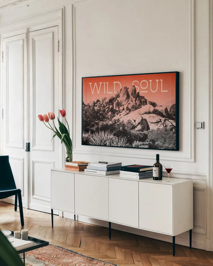 Ombre Adventure II Wild Soul by Elizabeth Urquhart. shown as a framed stretched canvas in a living room above a console. Available as a archival giclee rolled canvas, fine art paper, or poster print. SKU 34483i.