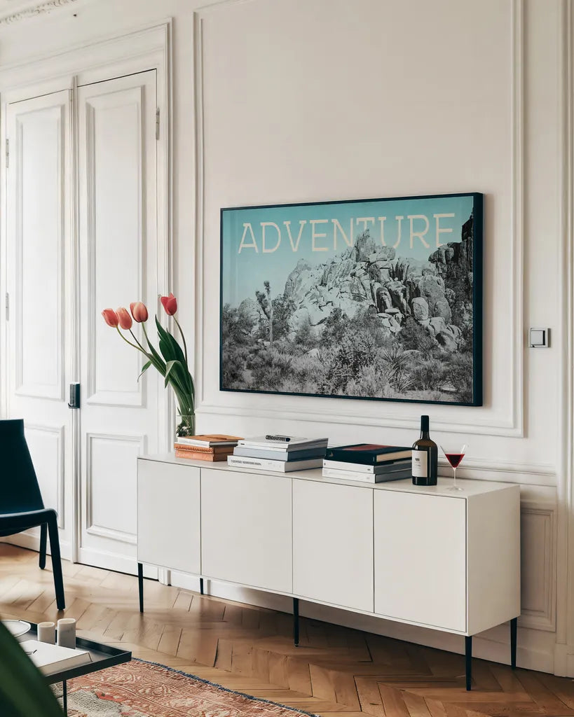 Ombre Adventure III Adventure by Elizabeth Urquhart. shown as a framed stretched canvas in a living room above a console. Available as a archival giclee rolled canvas, fine art paper, or poster print. SKU 34484i.