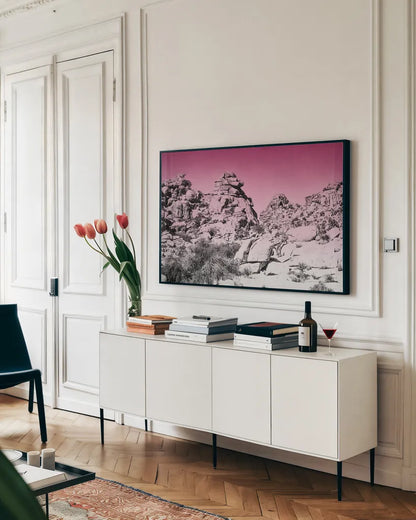 Ombre Adventure IV by Elizabeth Urquhart. shown as a framed stretched canvas in a living room above a console. Available as a archival giclee rolled canvas, fine art paper, or poster print. SKU 33211i.