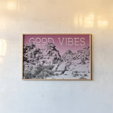 Ombre Adventure IV Good Vibes by Elizabeth Urquhart. shown as a paper print in a natural frame. Available as a archival giclee rolled canvas, fine art paper, or poster print. SKU 35505i.