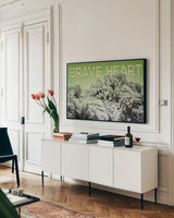 Ombre Adventure V Brave Heart by Elizabeth Urquhart. shown as a framed stretched canvas in a living room above a console. Available as a archival giclee rolled canvas, fine art paper, or poster print. SKU 34486i.