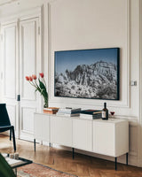 Ombre Adventure VI by Elizabeth Urquhart. shown as a framed stretched canvas in a living room above a console. Available as a archival giclee rolled canvas, fine art paper, or poster print. SKU 33213i.