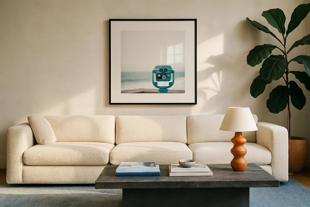 Pacific Cool I by Elizabeth Urquhart. Displayed in a glass frame with matte in a clean modern living room. Available as an archival giclee rolled canvas, fine art paper, or poster print. SKU 25520a.