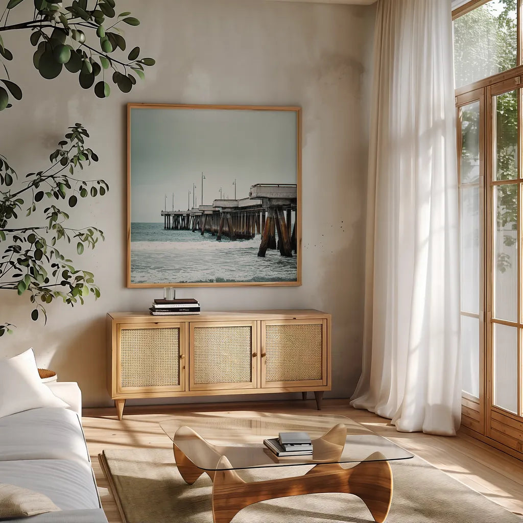 Pacific Cool II by Elizabeth Urquhart. Shown in a natural wood frame in a cozy modern living room. Available as an archival giclee rolled canvas, fine art paper, or poster print. SKU 25521a.