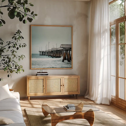 Pacific Cool II by Elizabeth Urquhart. Shown in a natural wood frame in a cozy modern living room. Available as an archival giclee rolled canvas, fine art paper, or poster print. SKU 25521a.