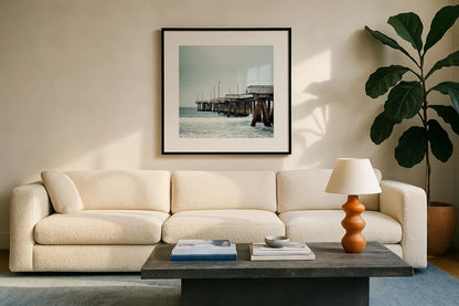 Pacific Cool II by Elizabeth Urquhart. Displayed in a glass frame with matte in a clean modern living room. Available as an archival giclee rolled canvas, fine art paper, or poster print. SKU 25521a.