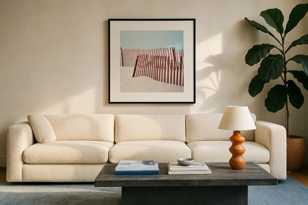 Pacific Cool III Crop by Elizabeth Urquhart. Displayed in a glass frame with matte in a clean modern living room. Available as an archival giclee rolled canvas, fine art paper, or poster print. SKU 25522a.