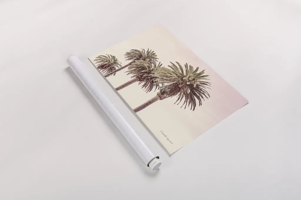 Pastel Palms by Elizabeth Urquhart. shown as a rolled paper print. Available as archival giclee rolled canvas, fine art paper, or poster print. SKU 67332i.