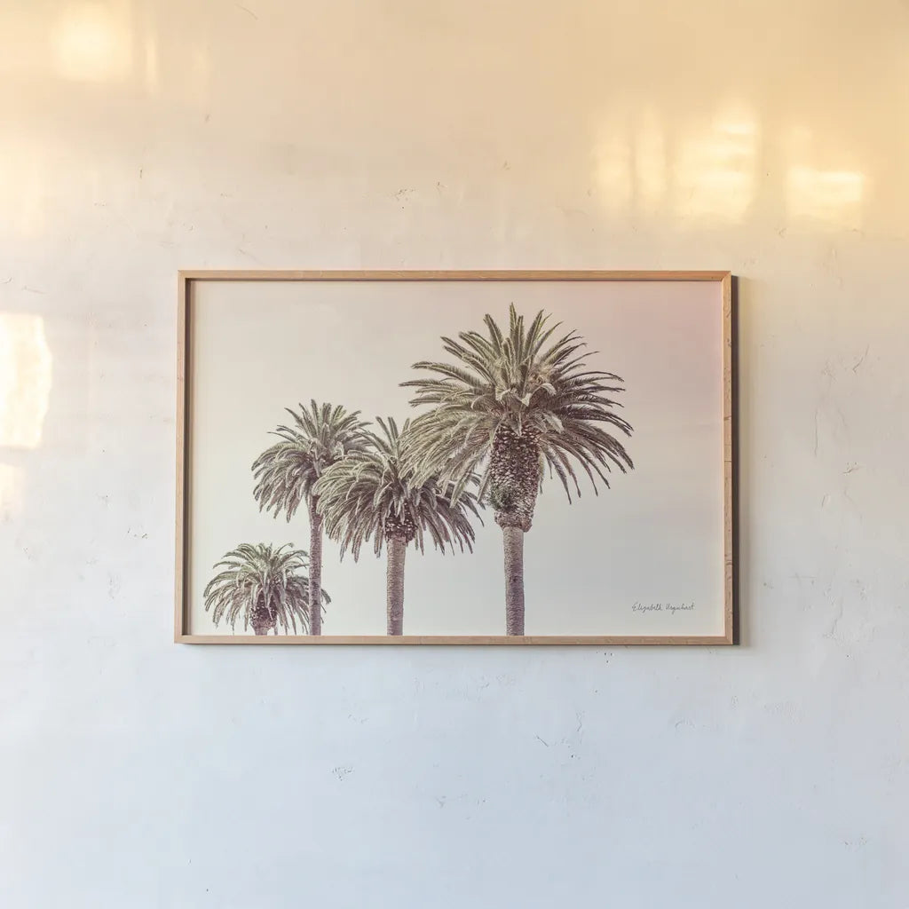 Pastel Palms by Elizabeth Urquhart. shown as a paper print in a natural frame. Available as a archival giclee rolled canvas, fine art paper, or poster print. SKU 67332i.