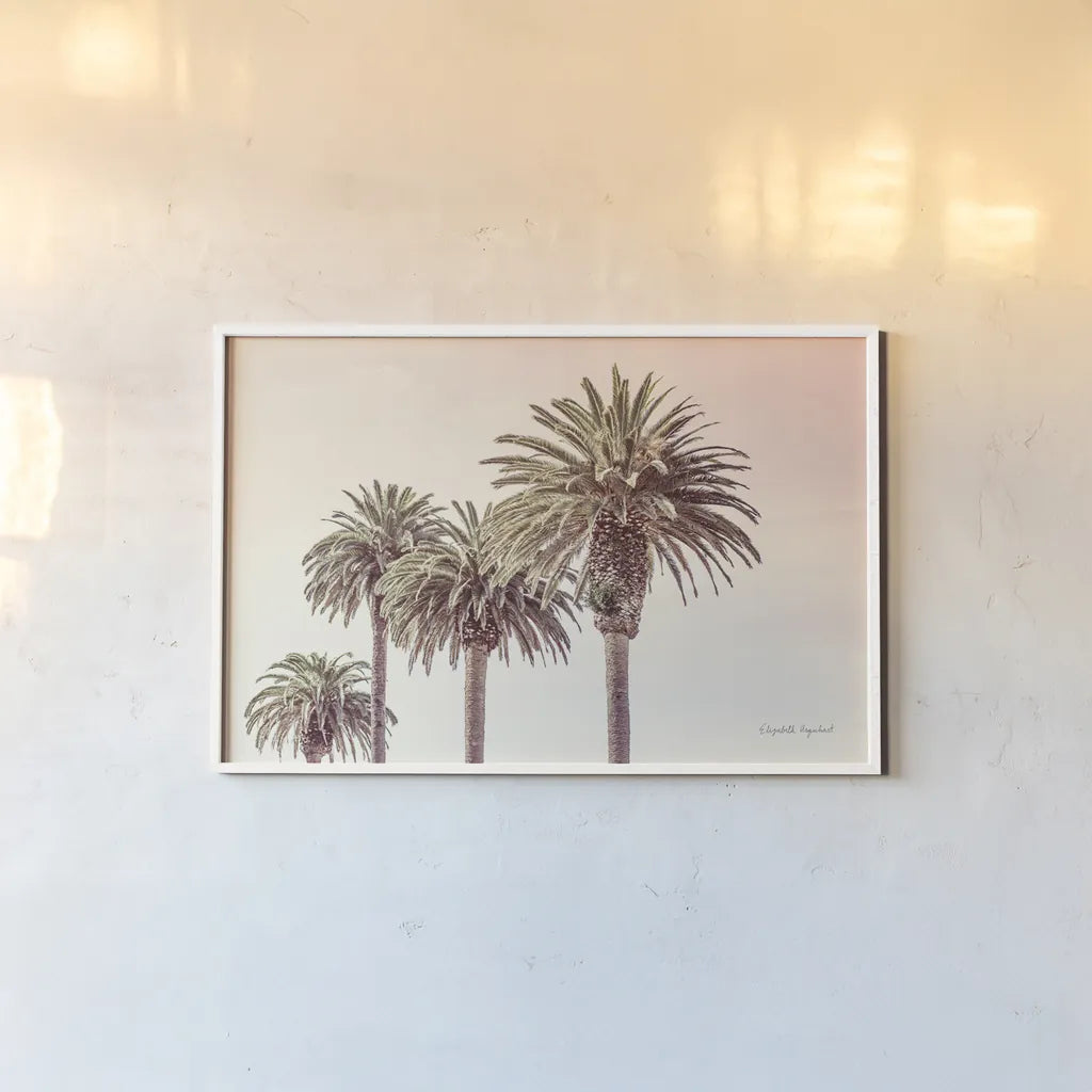 Pastel Palms by Elizabeth Urquhart. shown as a paper print in a white frame. Available as a archival giclee rolled canvas, fine art paper, or poster print. SKU 67332i.