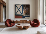 Patriotic Pony I Crop by Elizabeth Urquhart. Shown as extra-large giant wall art in a modern living room. Available as an archival giclee rolled canvas, fine art paper, or poster print. SKU 23780a.
