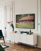 Patriotic Pony II by Elizabeth Urquhart. shown as a framed stretched canvas in a living room above a console. Available as a archival giclee rolled canvas, fine art paper, or poster print. SKU 23781i.