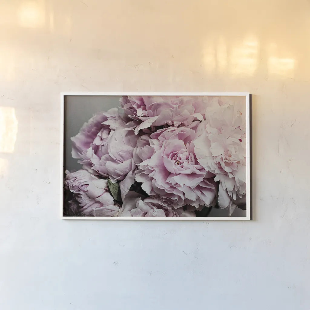 Peonies Galore II by Elizabeth Urquhart. shown as a paper print in a white frame. Available as a archival giclee rolled canvas, fine art paper, or poster print. SKU 22332i.