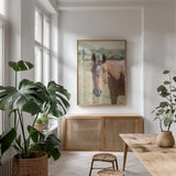 Polo Pony II by Elizabeth Urquhart. shown as a print in a natural wood frame in a dining room. Available as a archival giclee rolled canvas, fine art paper, or poster print. SKU 30340h.